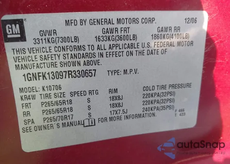 2007 Chevrolet Tahoe Lt z USA, uszkodzony, nr VIN 1GNFK13097R330657